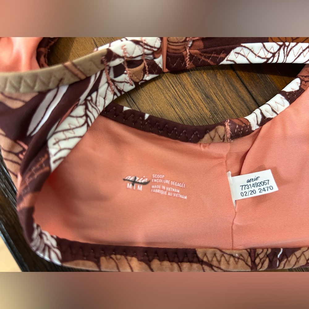 aerie Scoop swim top in Rust and brown- leaf print - Picture 3 of 3